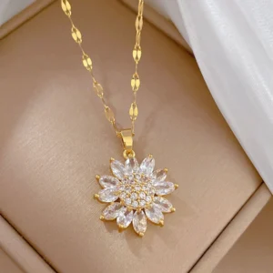 Sunflower Shape CZ Pendant Necklace For Women Gold Color Korean Clavicle Chain Full Zirconia Luxury Necklace Wedding Jewelry