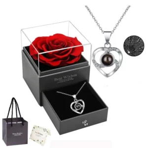 Heart-Shaped Red Rose Necklace with Gift Box - Valentine's Day, Anniversary, Birthday, Mother's Day Gift for Women, Mom, Wife