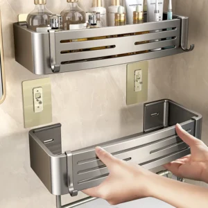Aluminum Bathroom Shelves Wall Rack for Towels – No Drilling Design for Organized Bathroom Storage