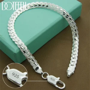 925 Silver Bracelet 6mm 18/19/20 cm Flat Side Chain Lobster Clasp